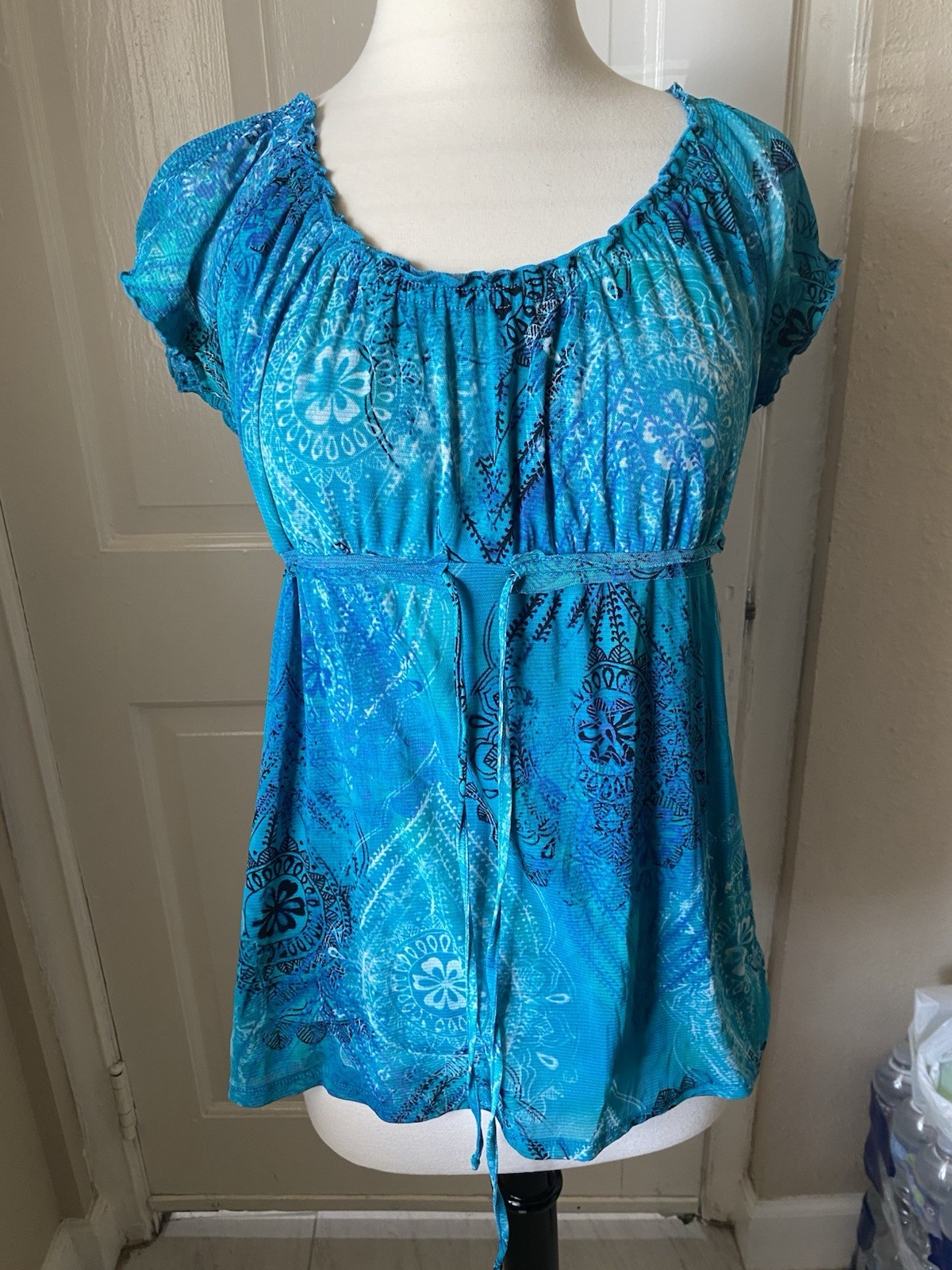 Axcess Women’s Blue Floral Chiffon Blouse Scoop Neck Puff Sleeve Ruffle M