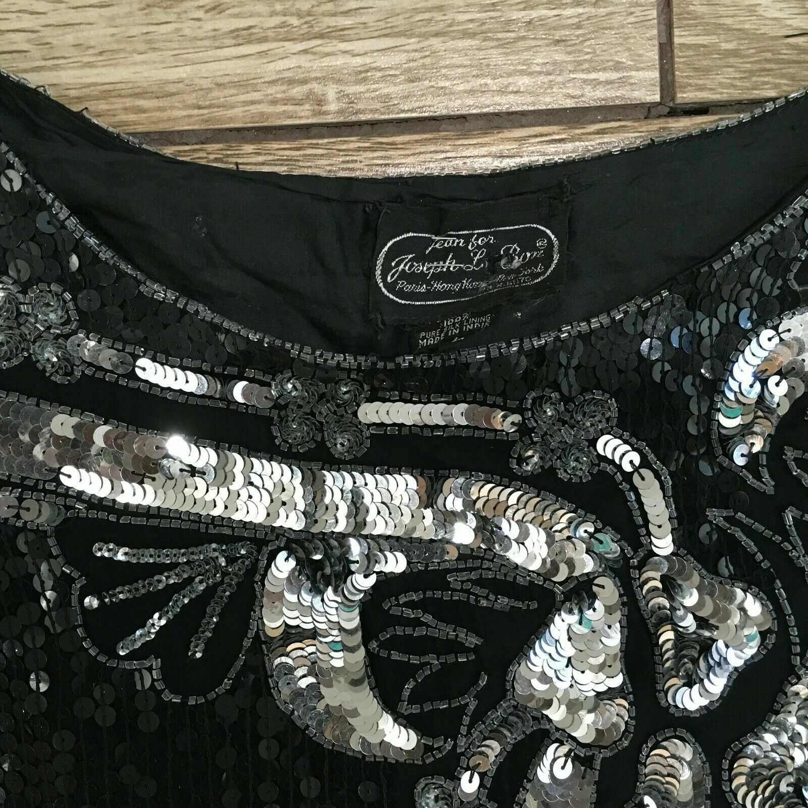 Vintage JEAN for JOSEPH LE BON Silk Black Sequined Floral Top Large Glam