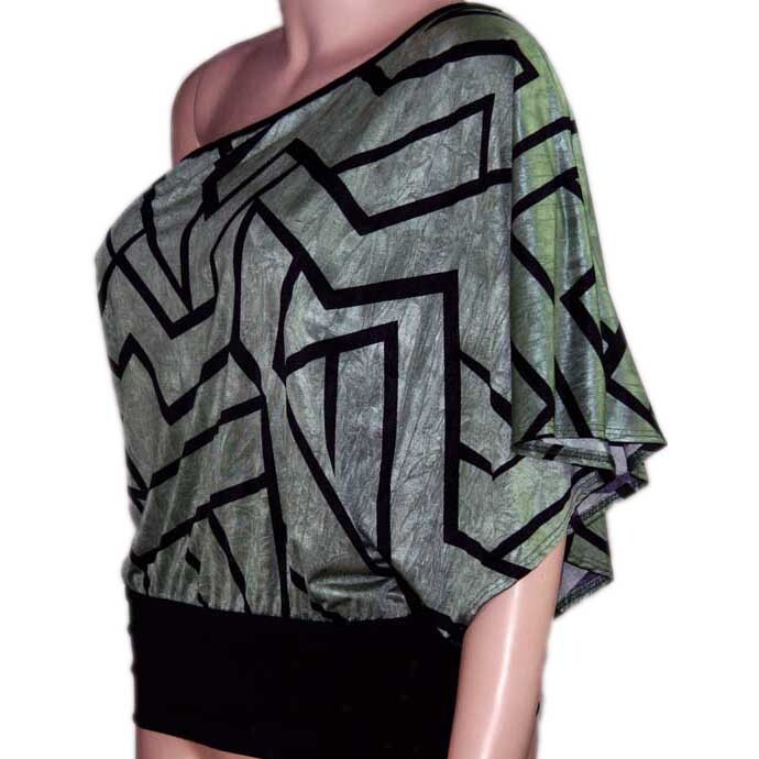 Caren Sport Women’s Silky One Shoulder Drop Waist Blouse Banded Hem Print Top