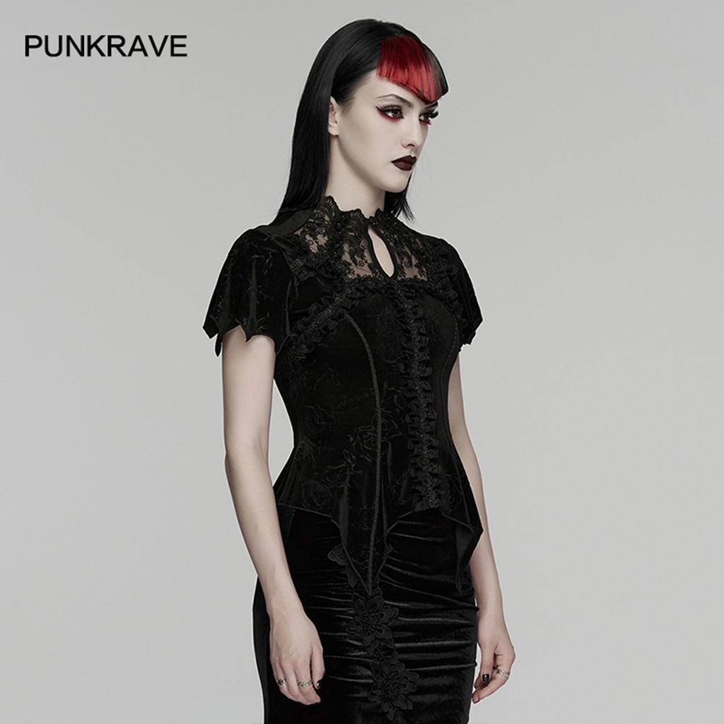 Punk Rave Women Black Gothic Gorgeous Rose Embossed Velvet Tops Elegant Shirts