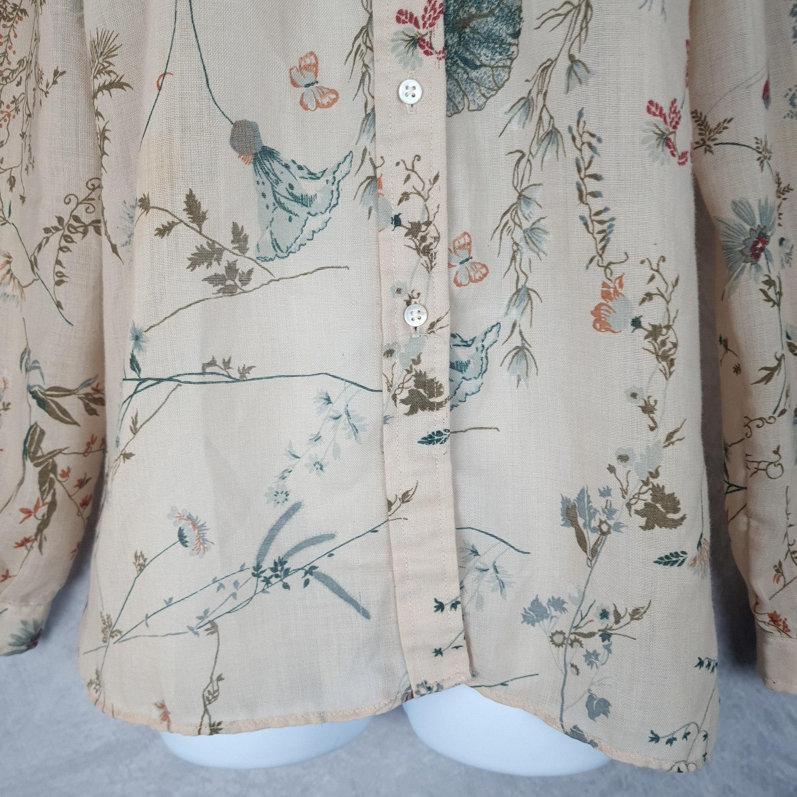 Vintage Evan Picone Blouse Womens Large Beige Floral Puff Sleeve Sheer Cottage