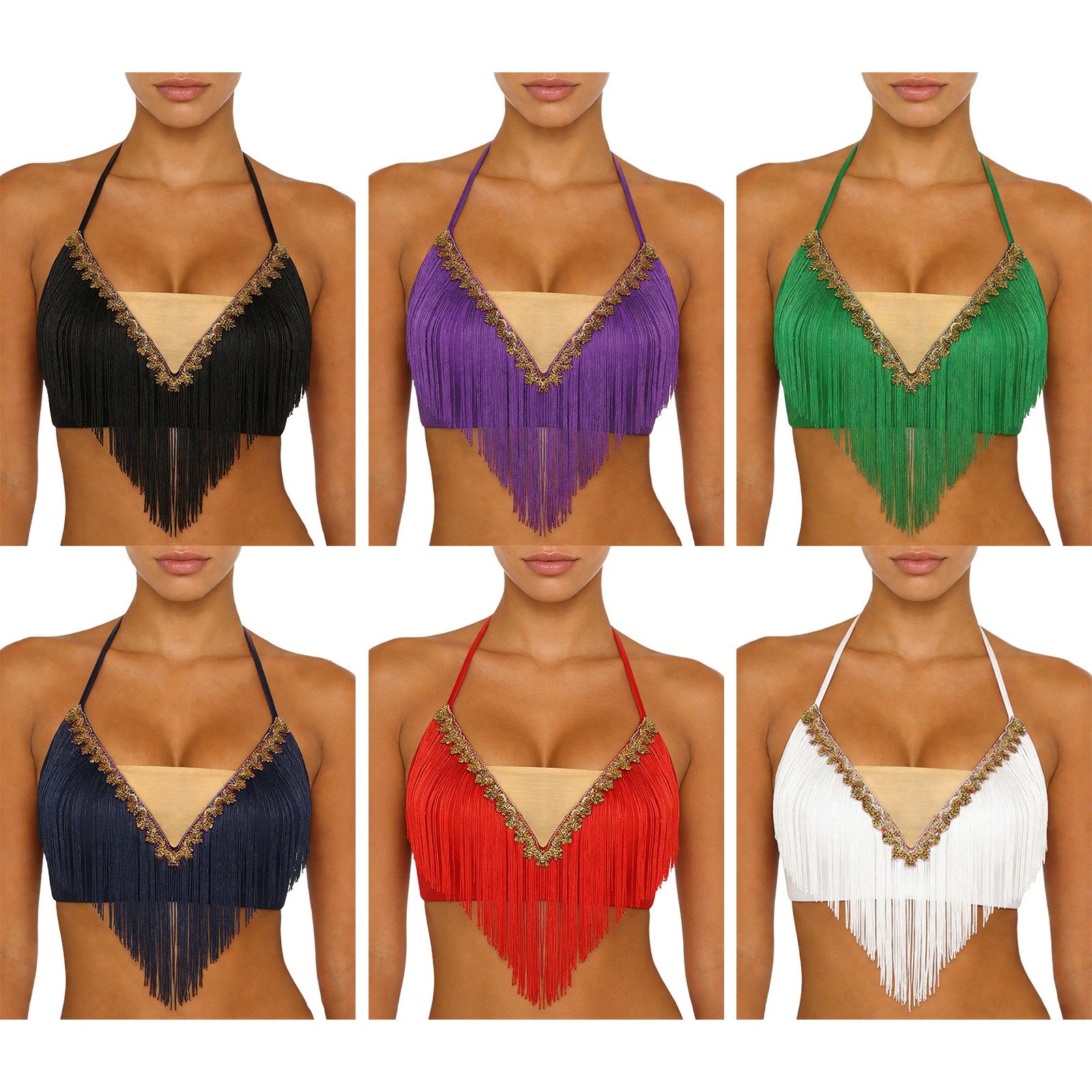 US YiZYiF Women Belly Dance Crop Top Halter Neck Tassel Bra Belly Dancer Costume