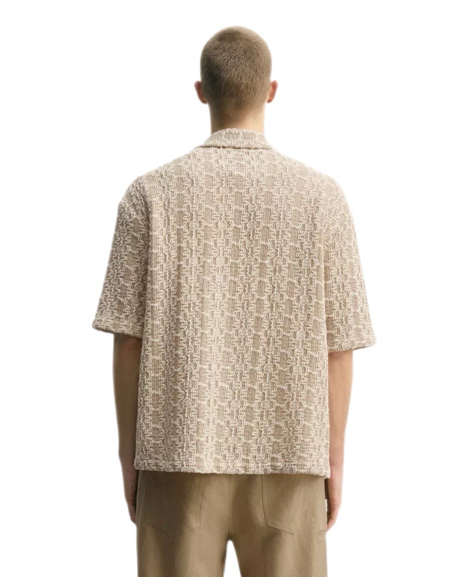 NWT Zara Crochet Textured Button Up Shirt XL Relaxed Fit Taupe/Cream