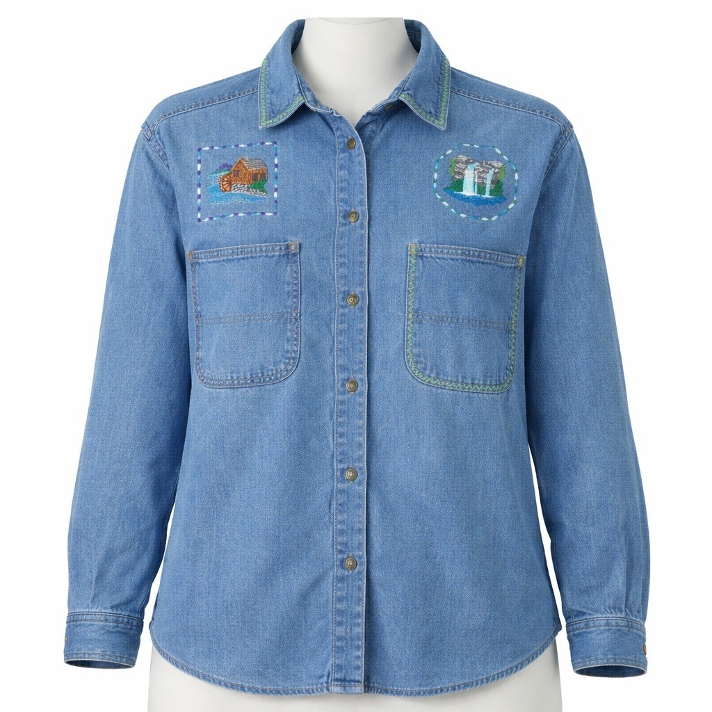 Denim Button Up Shirt Women Large Blue Embroidered Cabin Waterfall AL7075