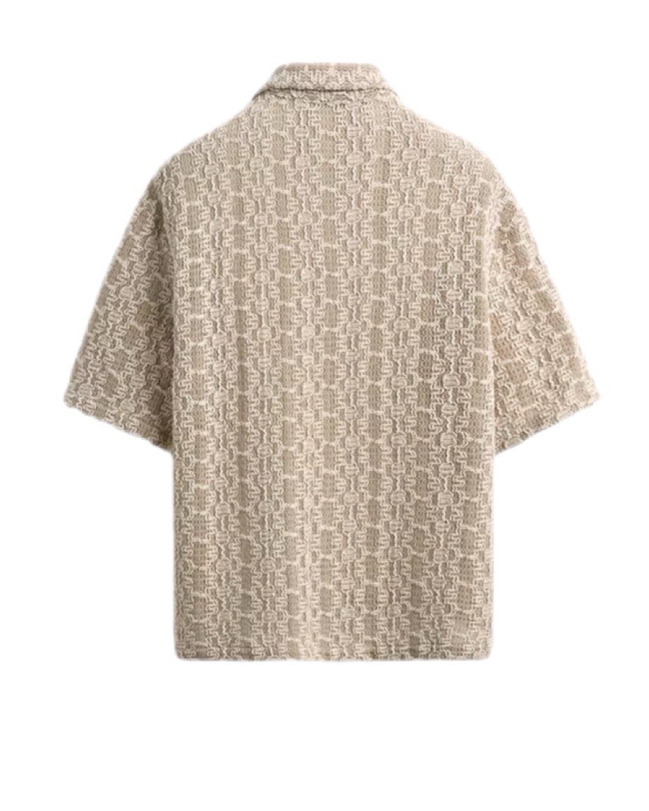 NWT Zara Crochet Textured Button Up Shirt XL Relaxed Fit Taupe/Cream