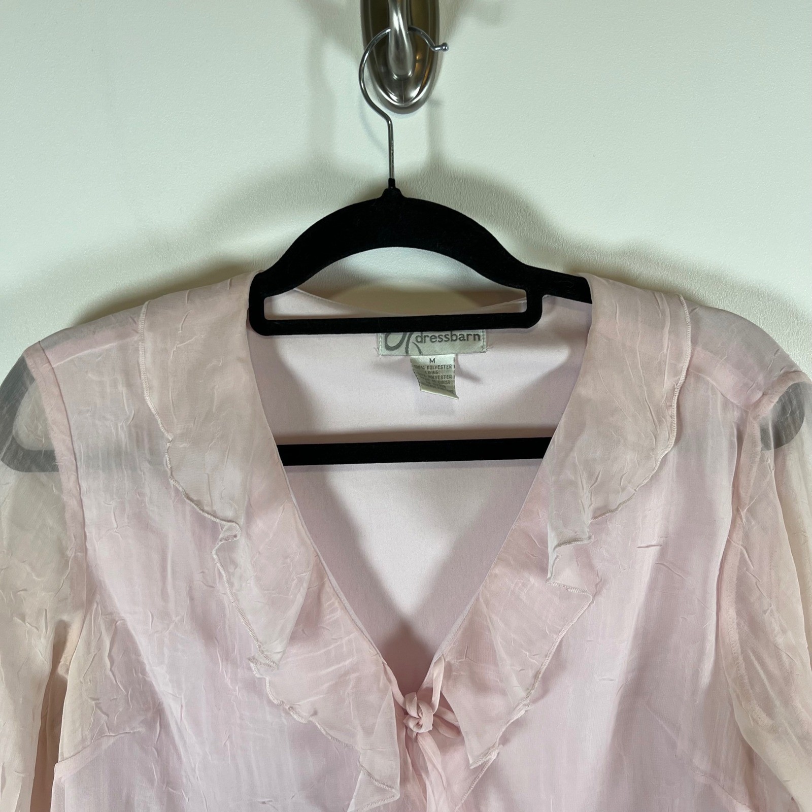 Dressbarn Womens Pink Ruffle V-Neck Crinkle Sheer Overlay Blouse Top M Fairycore