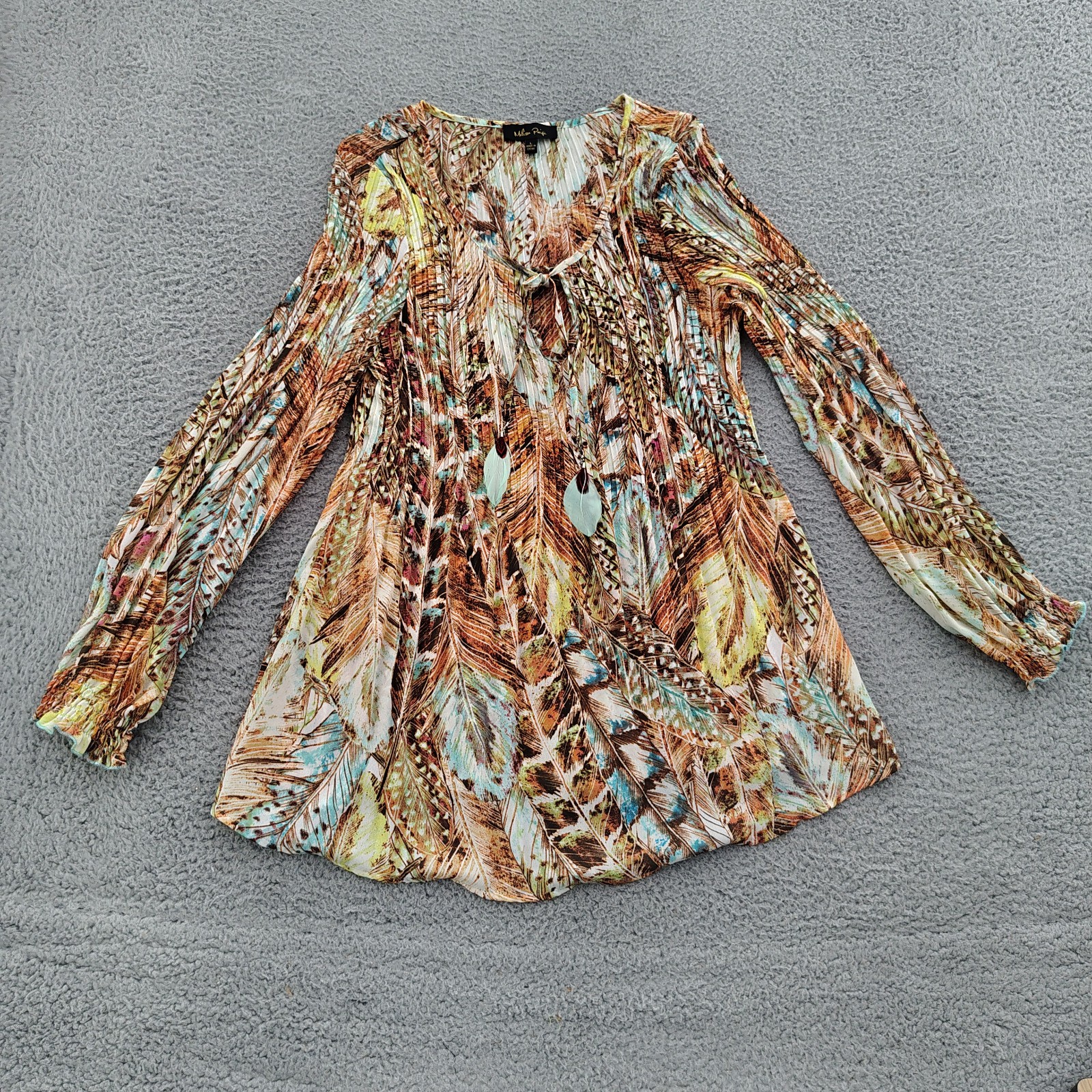 Melissa Paige Blouse Womens L Multicolor Feather Print Boho Tie Neck Long Sleeve