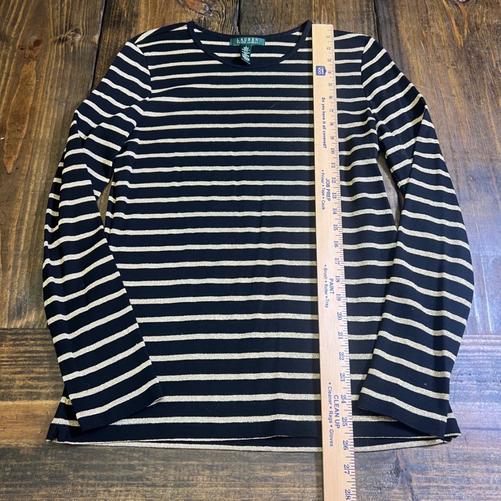 Lauren Ralph Lauren womens Black Gold Metallic Striped Long Sleeve Top Large