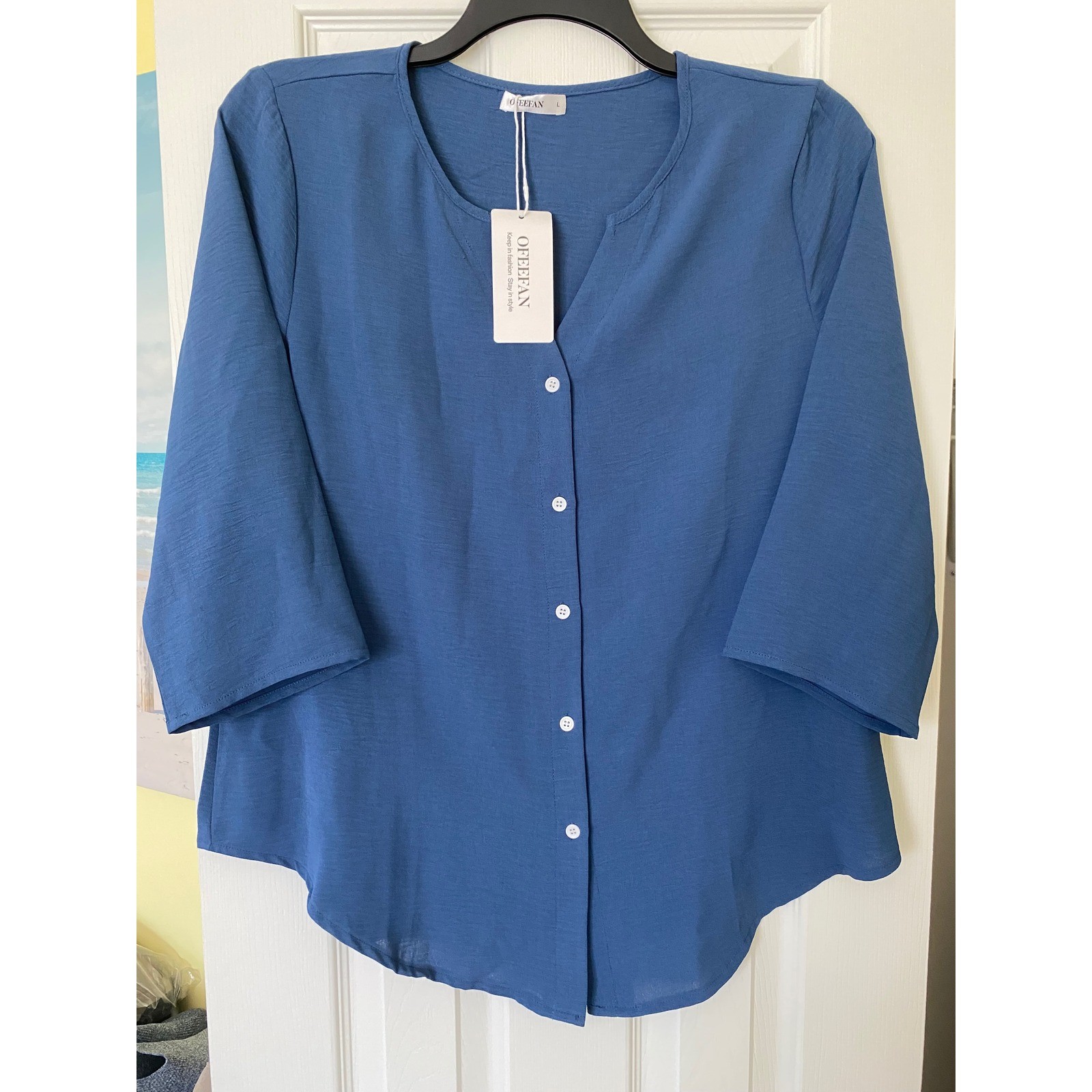 Ofeefan Womens Blouse L NWT Slate Blue 3/4 Sleeve Split V Neck Casual Shirt