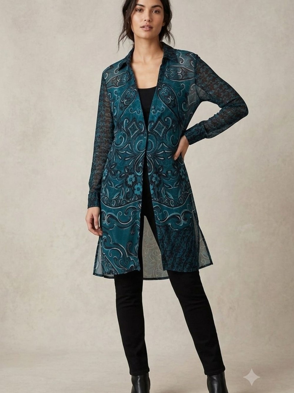 ​Dark Teal Mixed Paisley Geometric Sheer Longline Button-Up Tunic Top M
