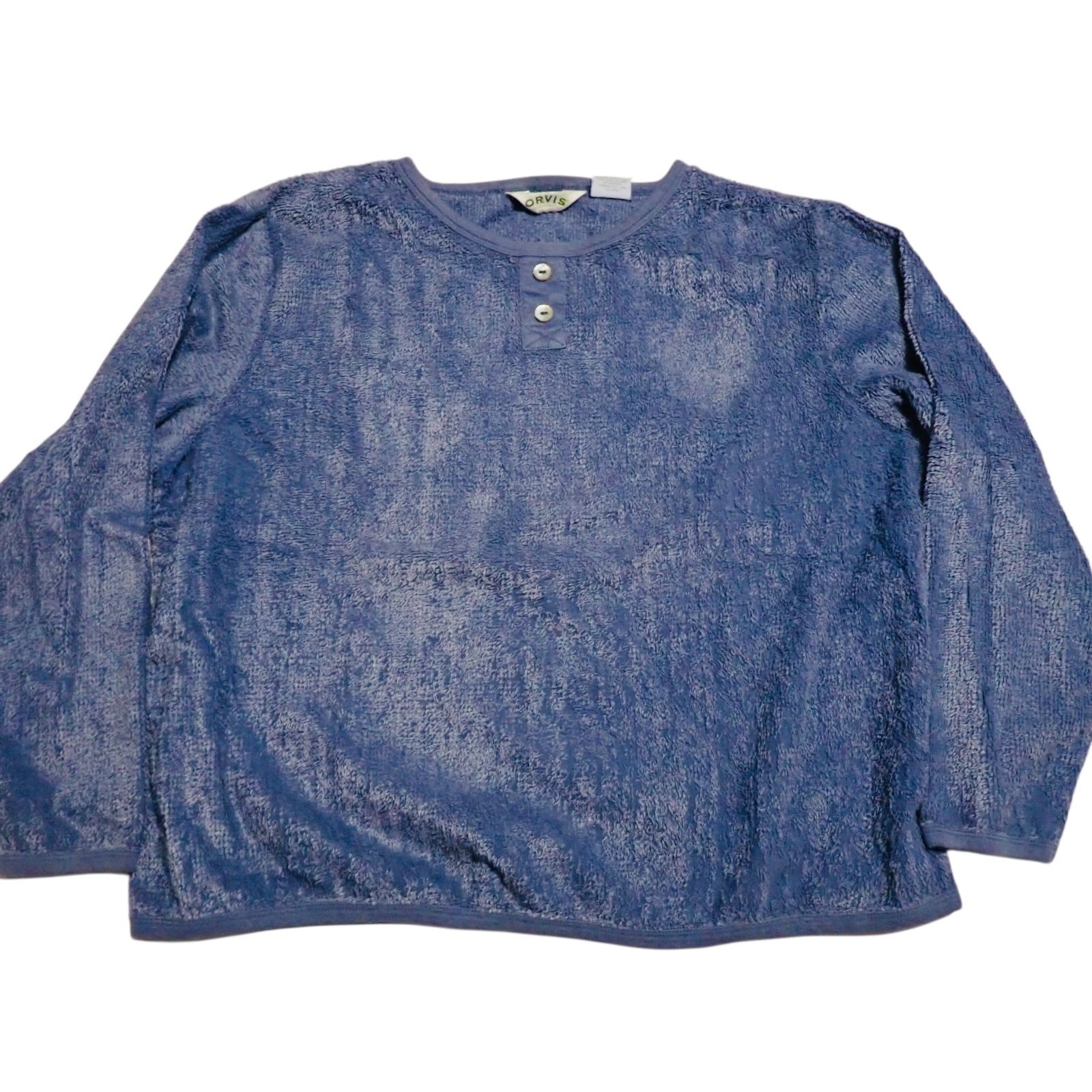 VTG Orvis Pullover XL Terry Henley Two Button Long Sleeve Blue Made USA Casual