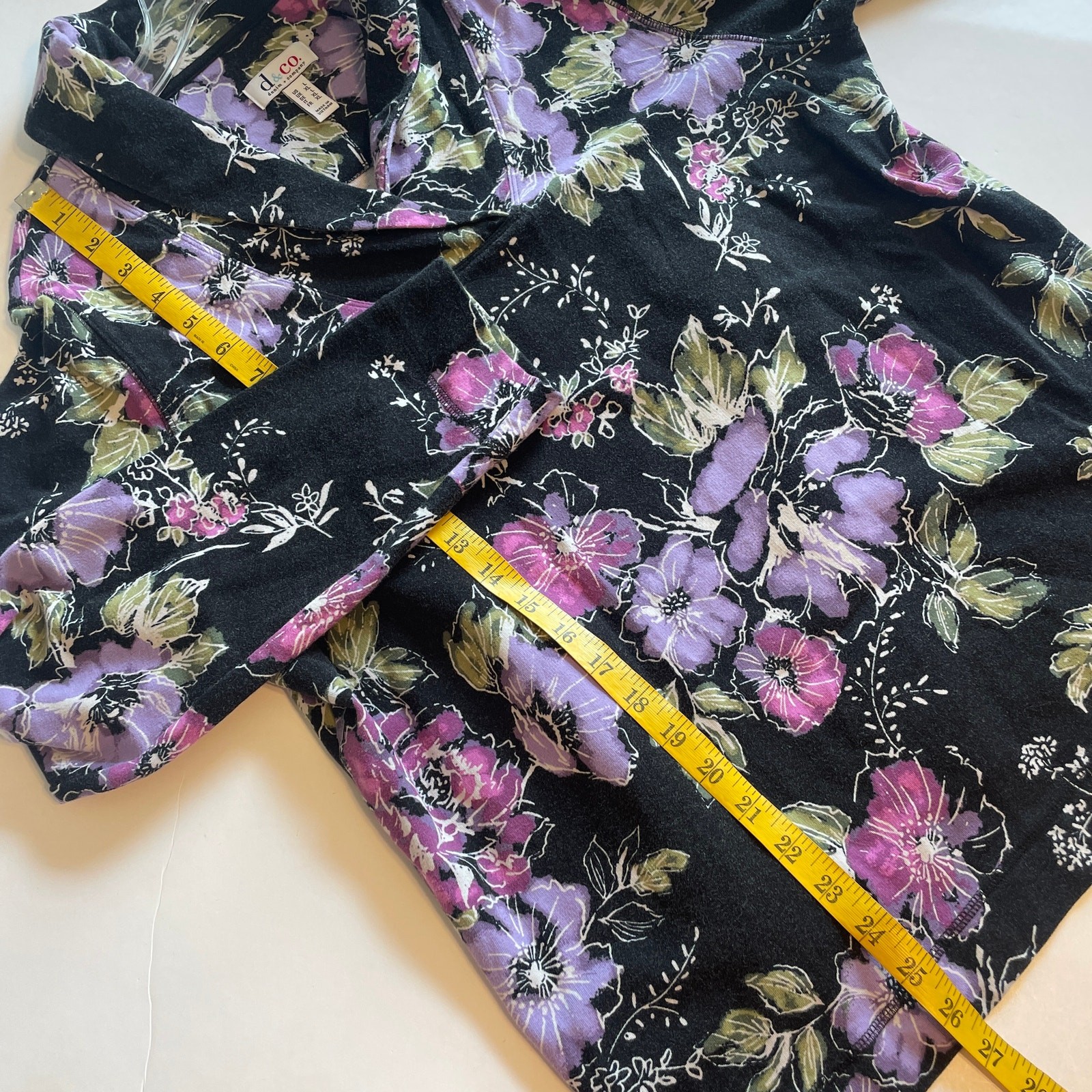 Denim & Co Floral Knit Top Womens Large Black Multicolor Shawl Collar Cotton