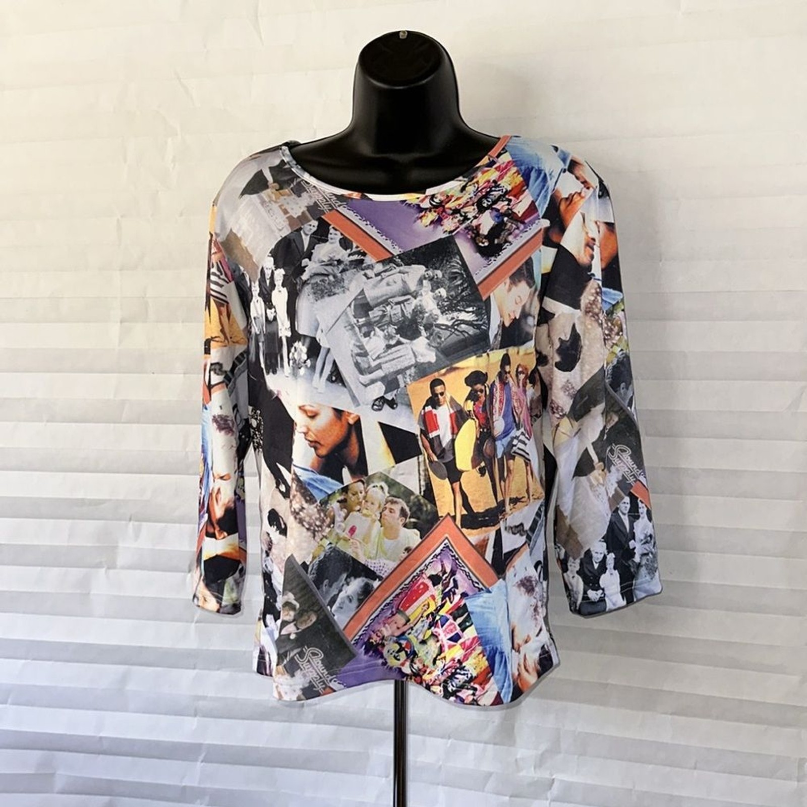 Classic Design Women’s Photo Collage Slinky Polyester Blouse Size L Artsy Top