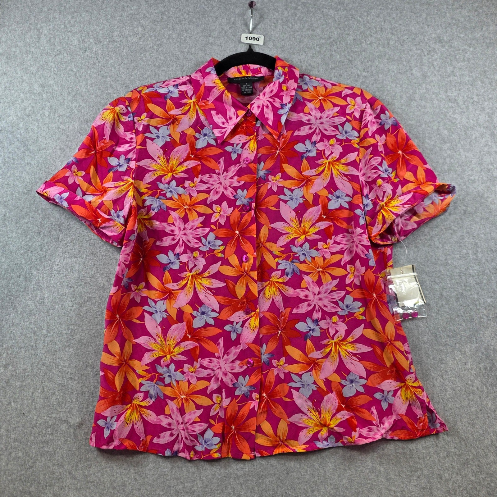 Cable & Gauge Womens 8 Silk Floral Shirt Pink Orange Tropical Short Sleeve Tie