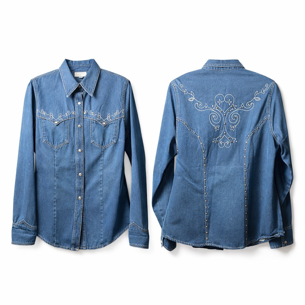 Vtg LAWMAN WESTERN Embroidered Rhinestone Button Denim Top Sz S Cowgirl Festival