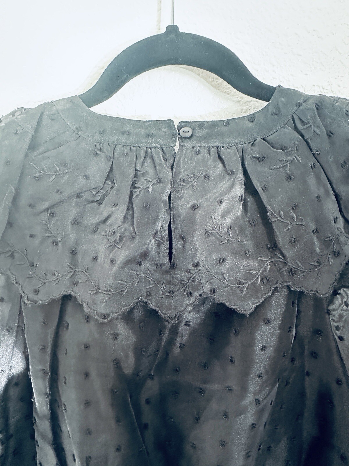 Topshop Womens Dobby Shirred Waist Peplum Top Black Textured Bishop Ruffle 4 NWT
