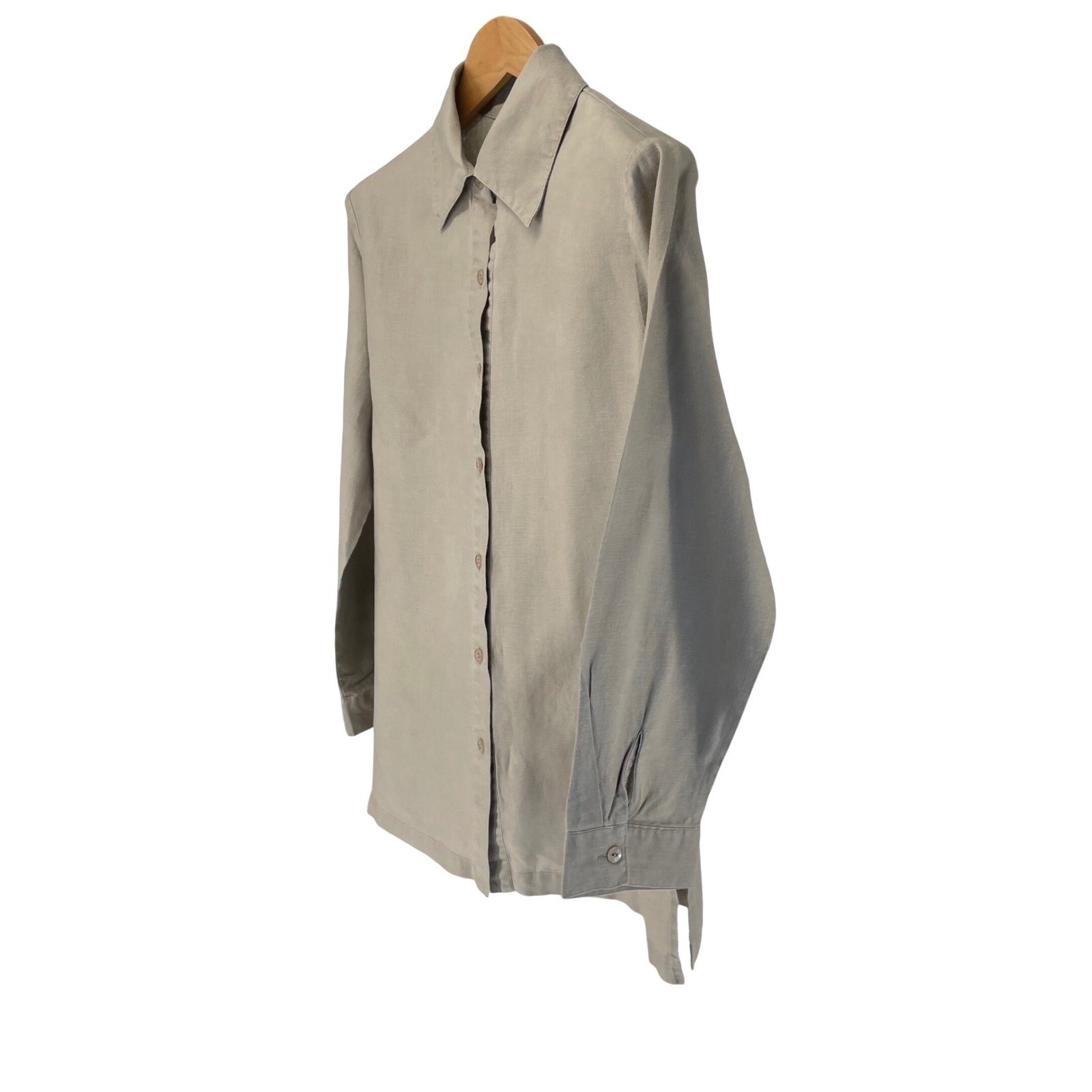 Lucy Pereda Button-Up Shirt Women’s L 100% linen Sand Color Coastal Summer Chic