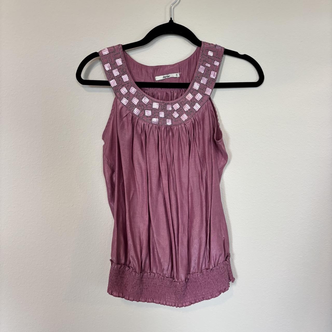 Papaya Sequin Embellished Tank Top Mauve Pink Smocked Waist Sleeveless Blouse