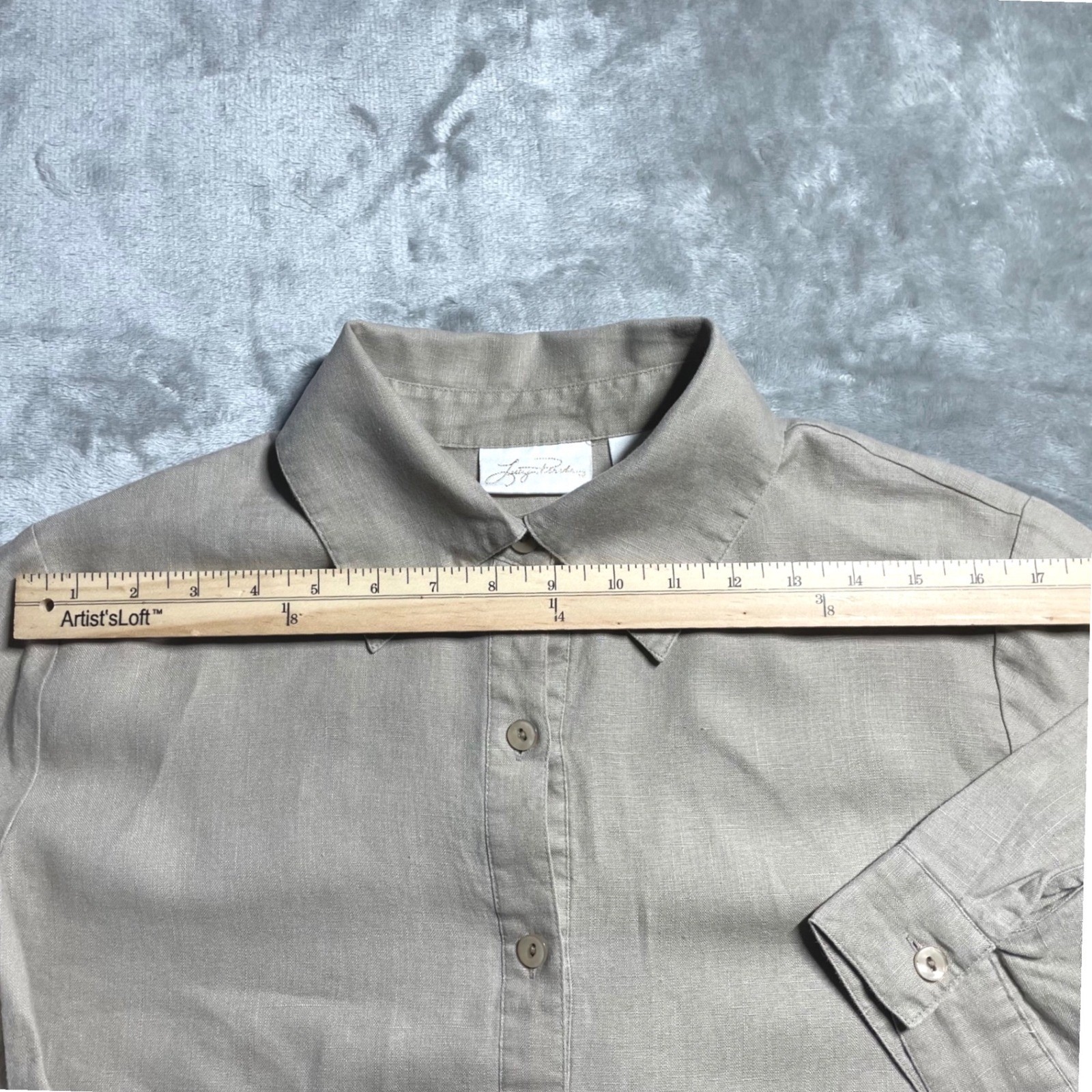 Lucy Pereda Button-Up Shirt Women’s L 100% linen Sand Color Coastal Summer Chic