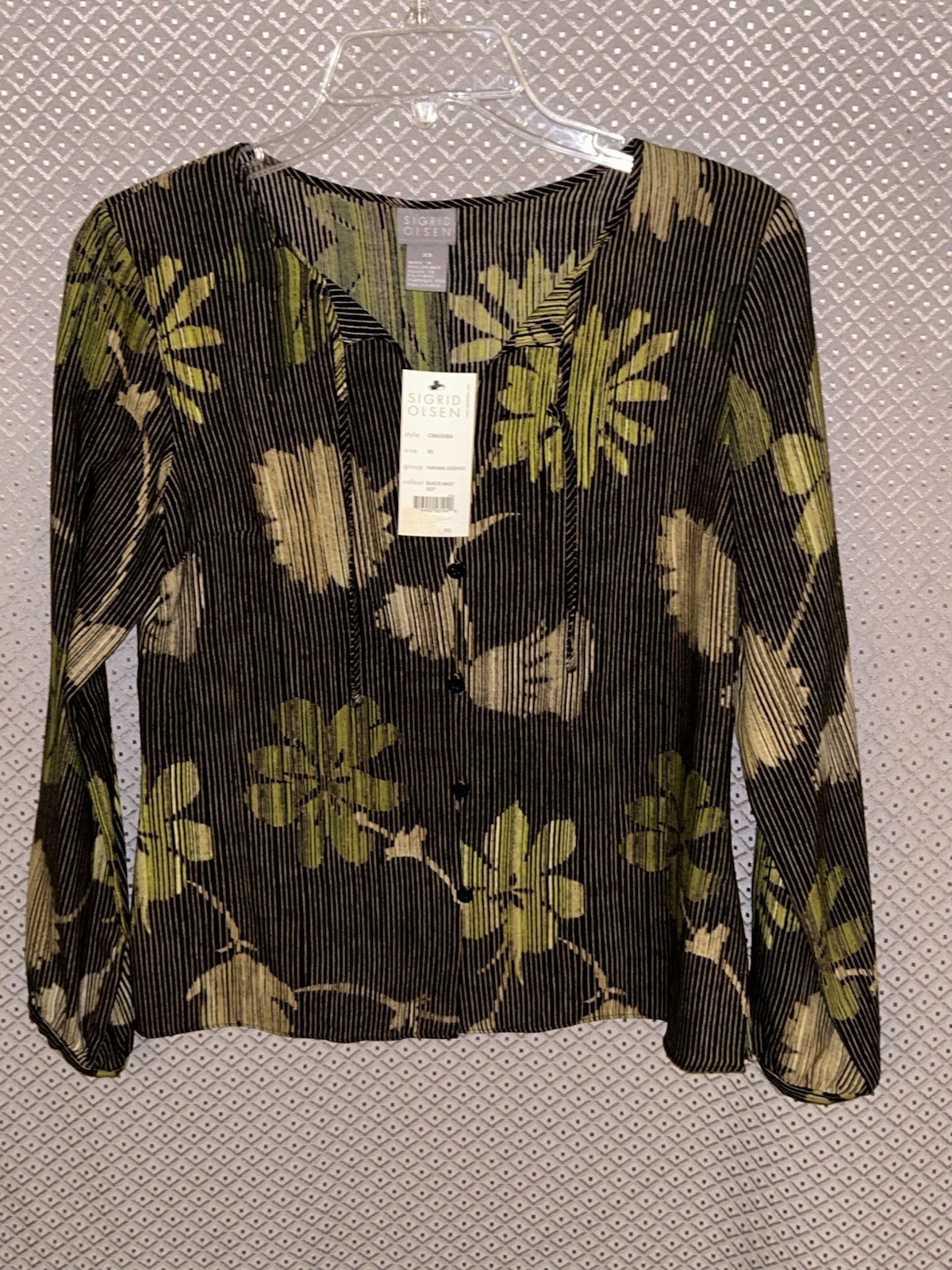NWT – Sigrid Olsen Wool/Silk Blouse XS Black Green Floral Stopped Pleated BOHO