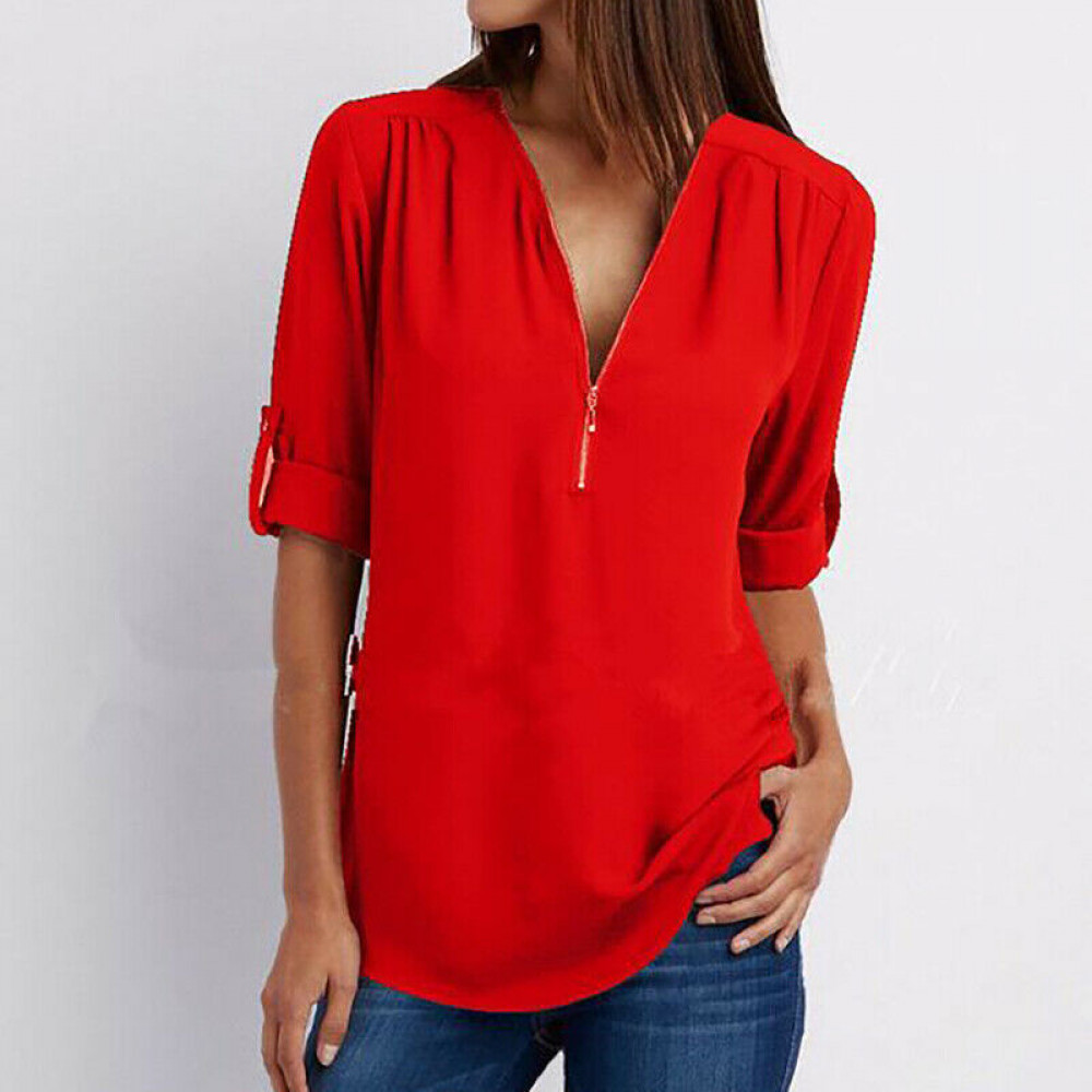 Women’s V-Neck Zipper Shirt Long Sleeve Loose Chiffon Basic Solid Tops Blouse