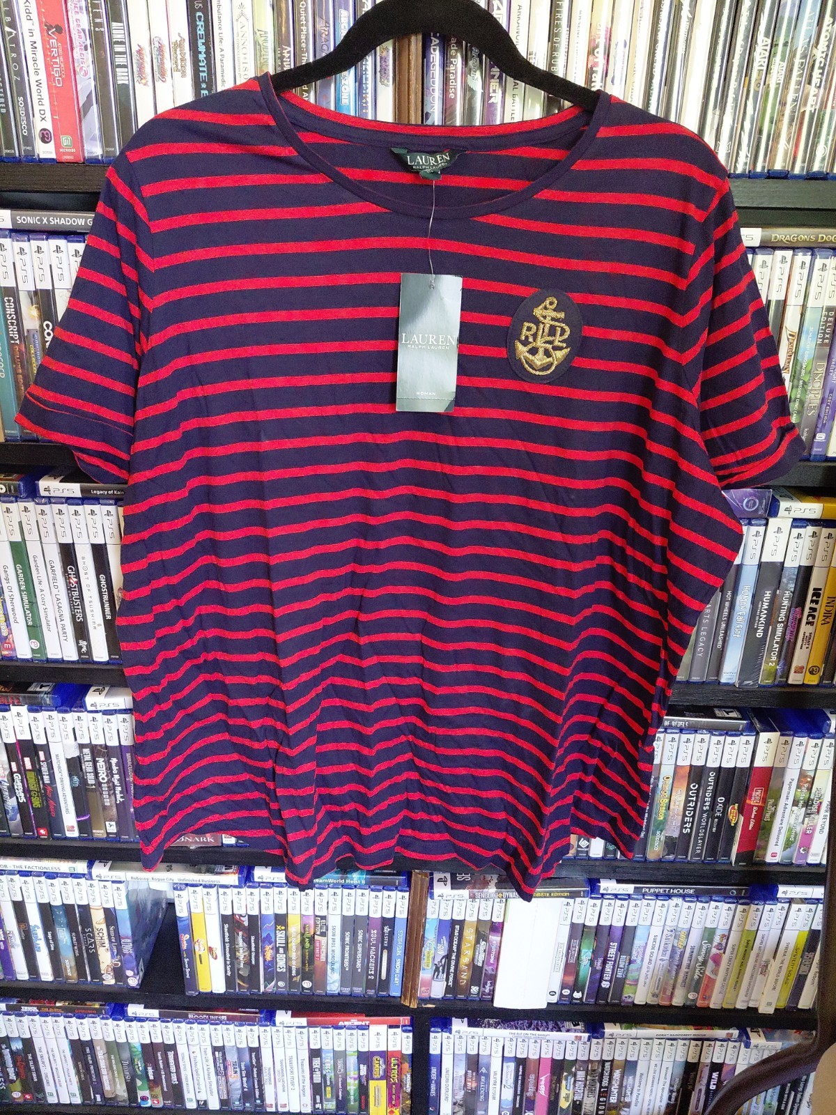 Ralph Lauren Red & Dark Blue Striped Navy Crest 3x Woman T Shirt New With Tags