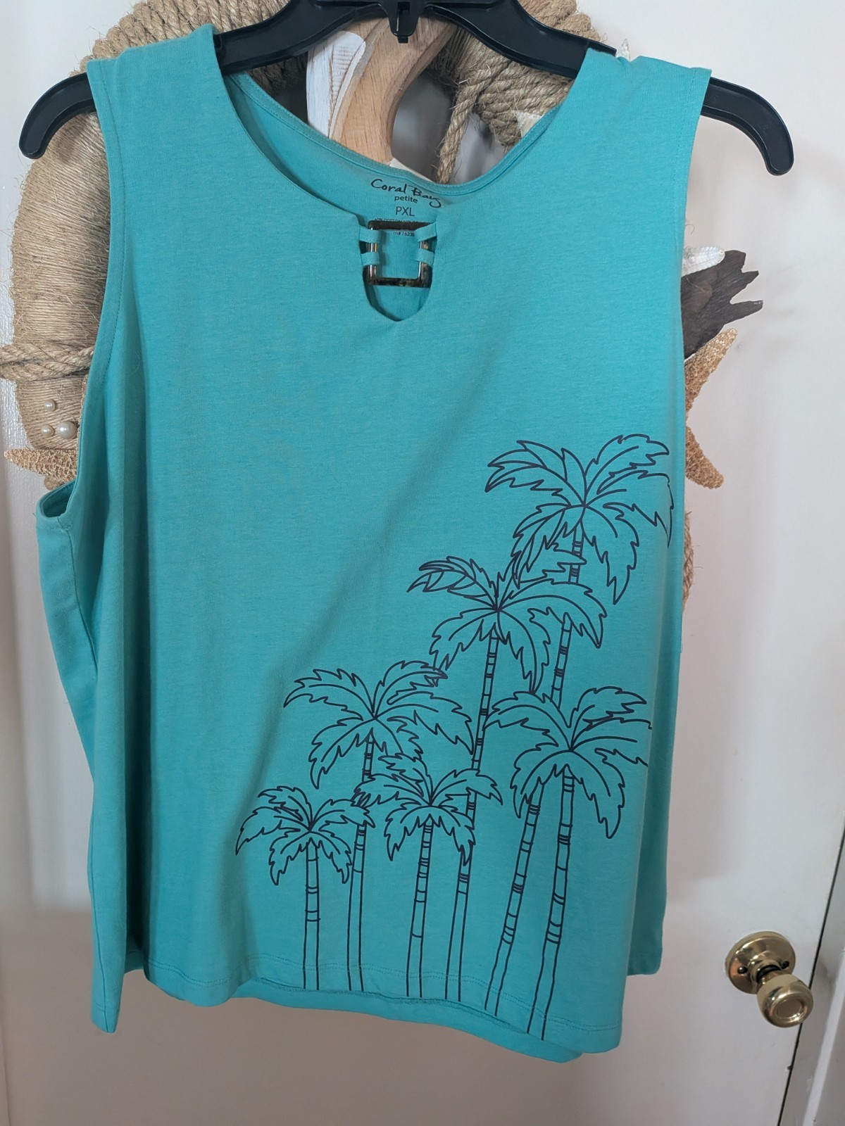 Coral Bay Petite (PXL) Palm Tree/Aqua Sleeveless Top New w/Tags