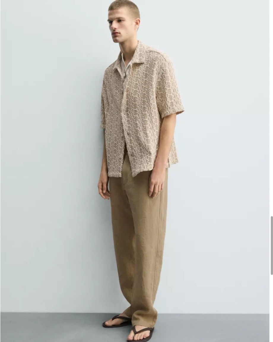 NWT Zara Crochet Textured Button Up Shirt XL Relaxed Fit Taupe/Cream