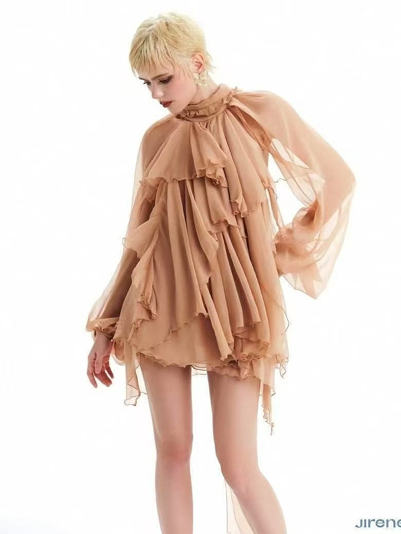 Jirene Niche Design French Multi-Layered Ruffle Sexy Backless Long-Sleeve