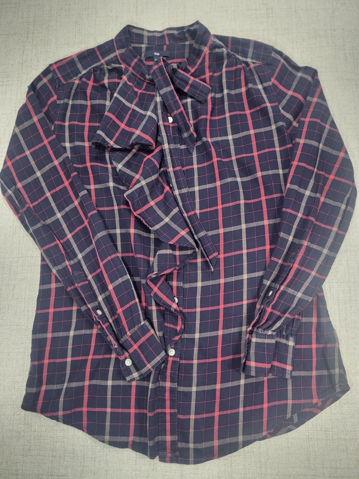 Gap Navy And Pink Front Ruffle Plaid Button Shirt with Self Tie Bow Size M