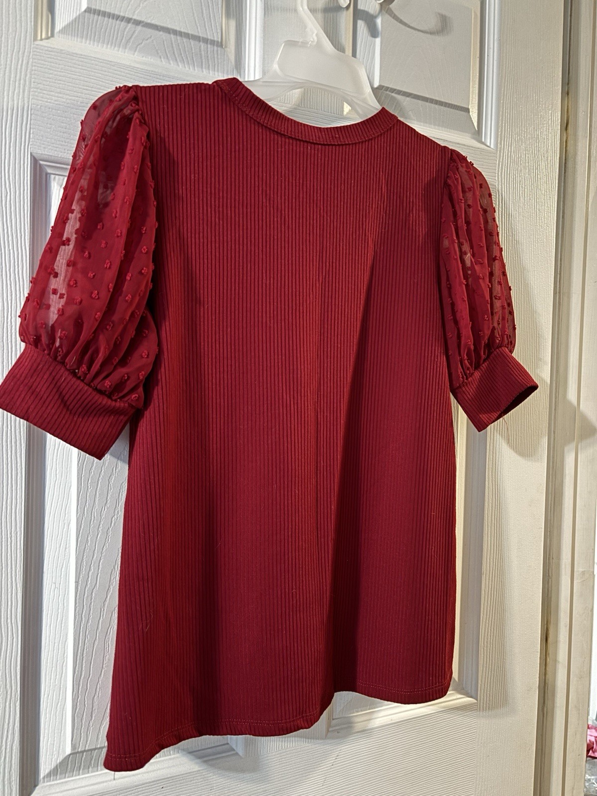 Deep Red Blouse Sheer Large L Short Sleeves Ribbed Knit