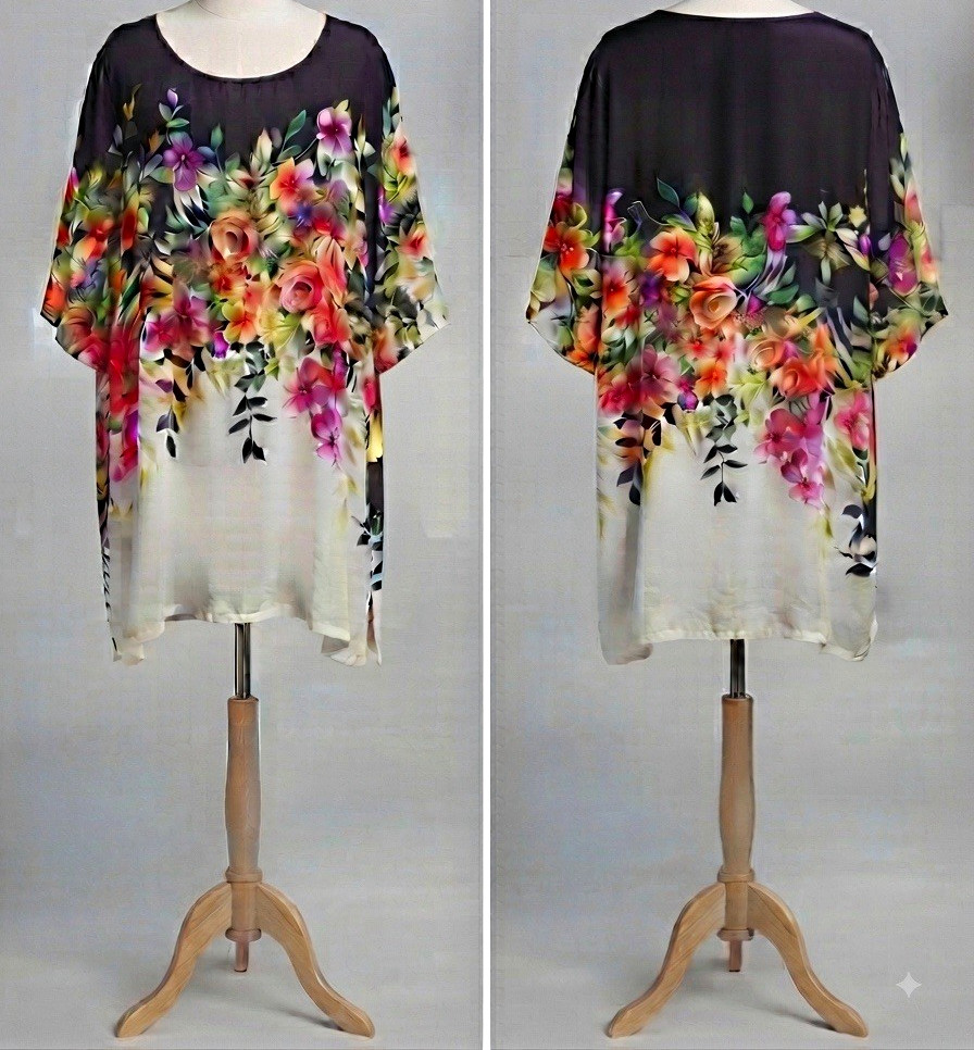 Johnny Was Black White Multicolor Floral Silk Chiffon Scoop Neck Tunic Blouse 3X