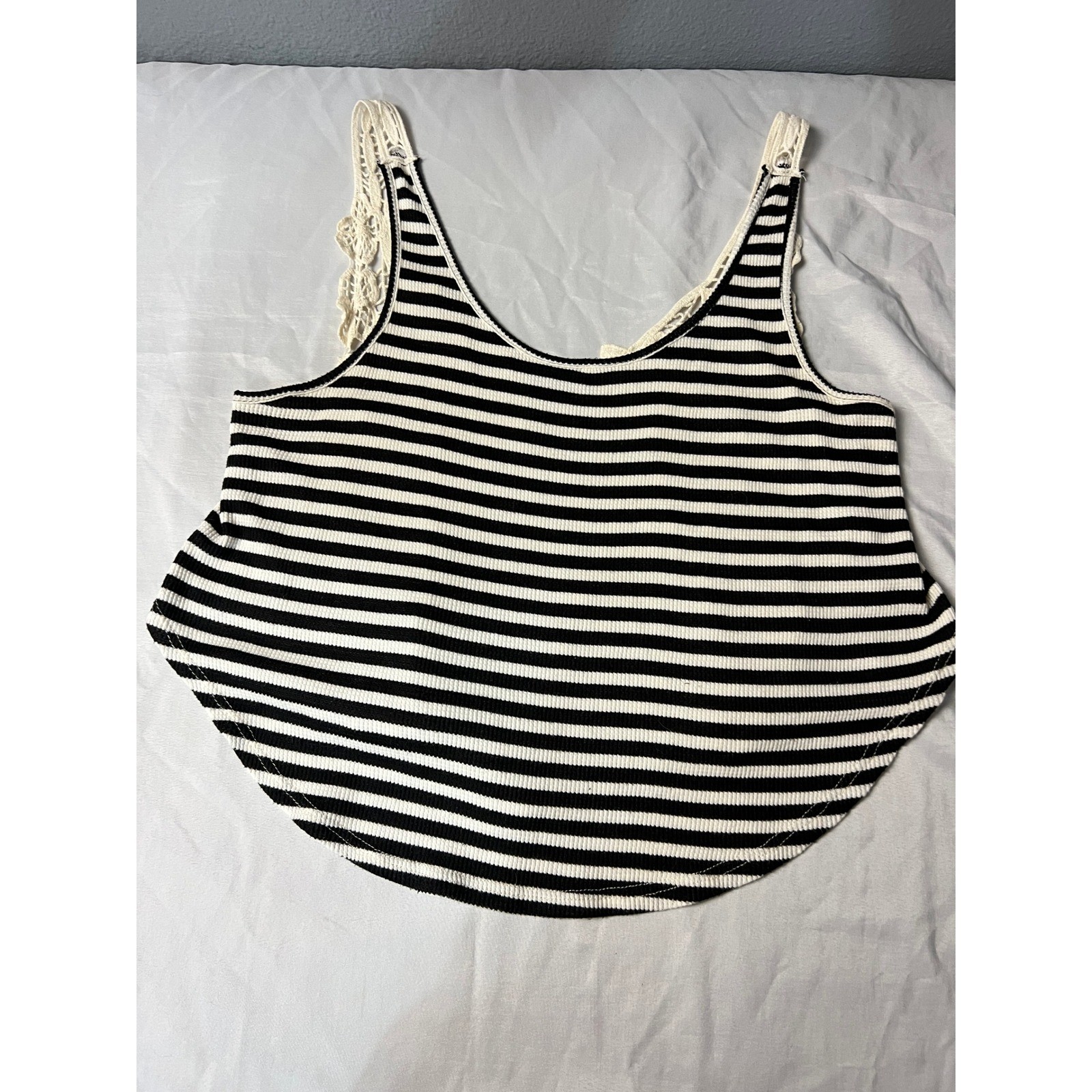 Sweet Claire Womens Black White Striped Crochet Back Ribbed Tank Top Coastal SM