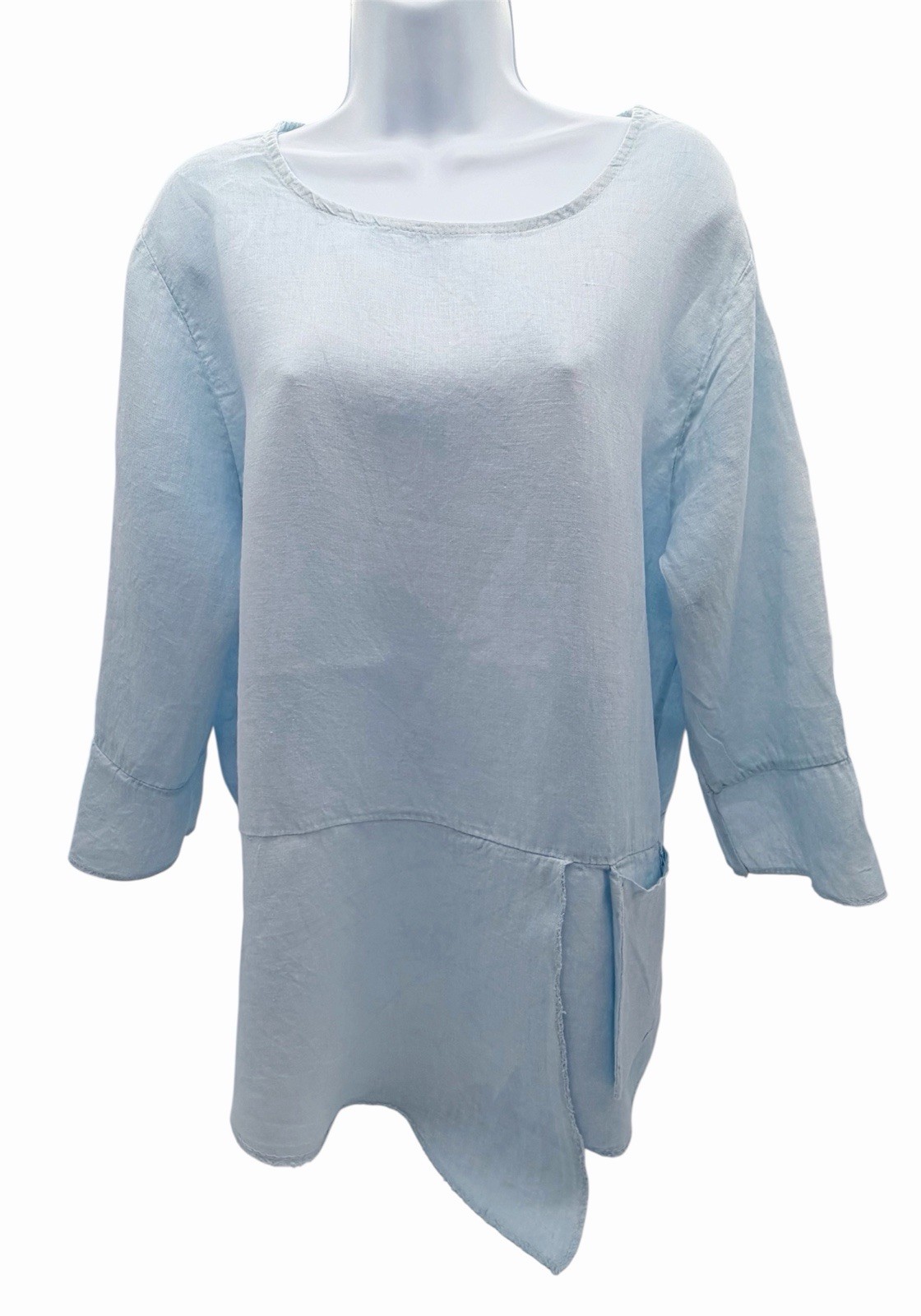 Light Blue Linen Top – Made in Italy – Asymmetric Hem – One Size / Check Picture