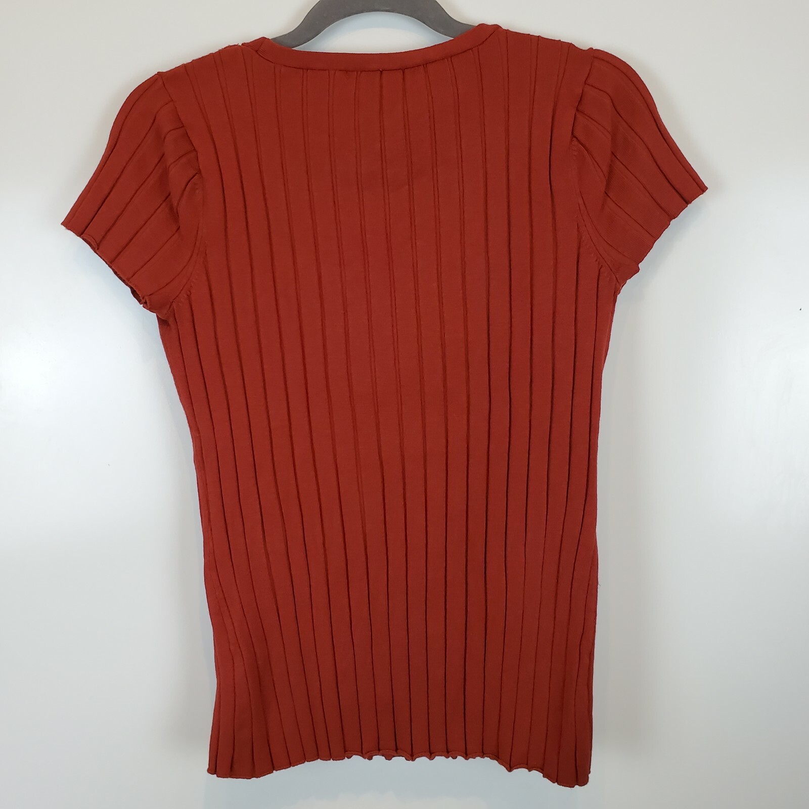 Requirements Ribbed Short Sleeve Terracotta Top Ring Neckline Detail Size M