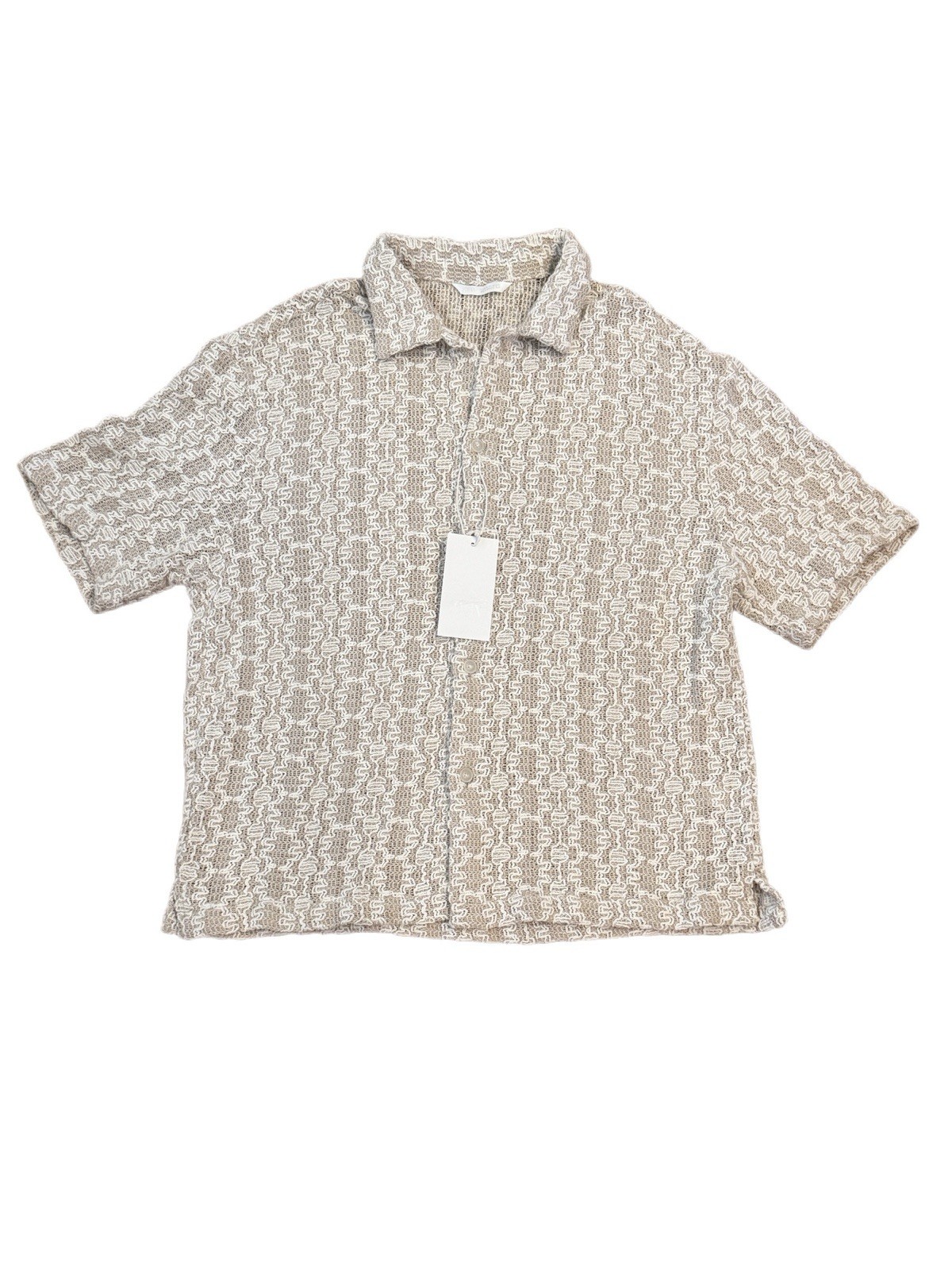 NWT Zara Crochet Textured Button Up Shirt XL Relaxed Fit Taupe/Cream