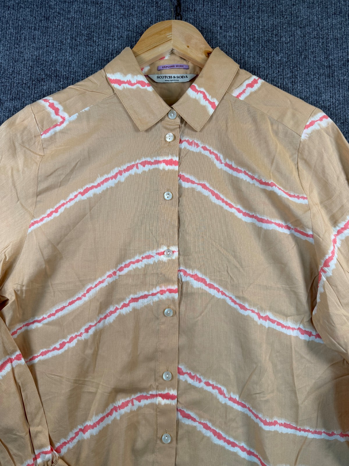 Scotch Soda Women’s Printed Shirt Balloon Sleeves Size Medium Tan Pink