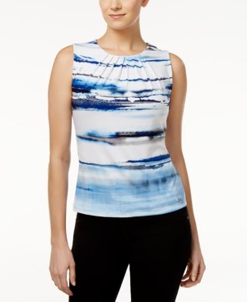 CALVIN KLEIN Petite Pleated Crew Neck Back Keyhole Sleeveless Top, PXS Multi Wht