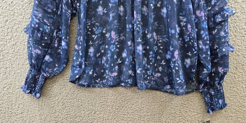 French Connection Smocked Anifrida Arica Pleat-Sleeve Top Women’s L Blue Depth