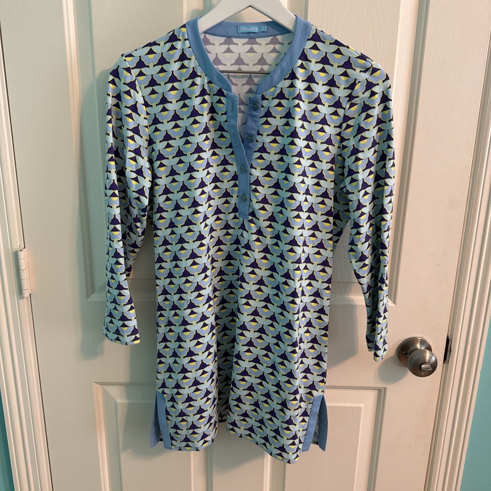 J. McLaughlin Catalina Cloth Tunic Blue w/ Purple & Yellow Floral Print size Sm