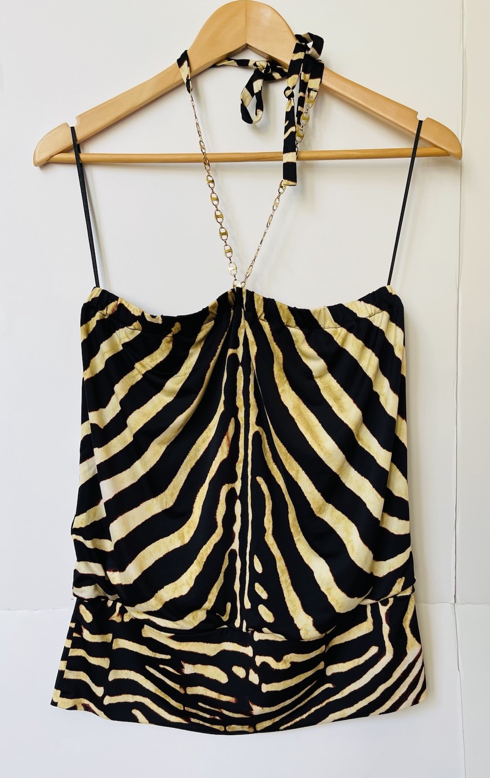 Cache Zebra Print Womens Halter Top Knit Blouse Chain Detail Yellow & Black Sz M