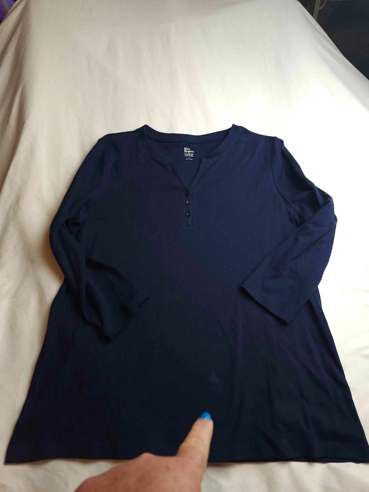 Kim Rogers Top Womens L Blue Henley Minimalist Coastal Chic Modern Classic
