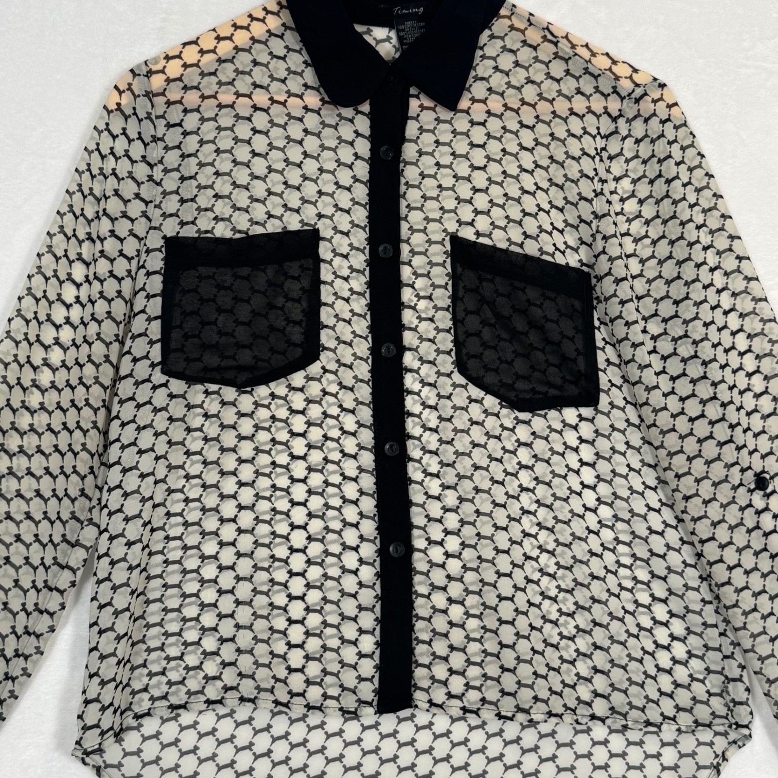 Timing Black White Geometric High-Low Button Down Shirt Size S