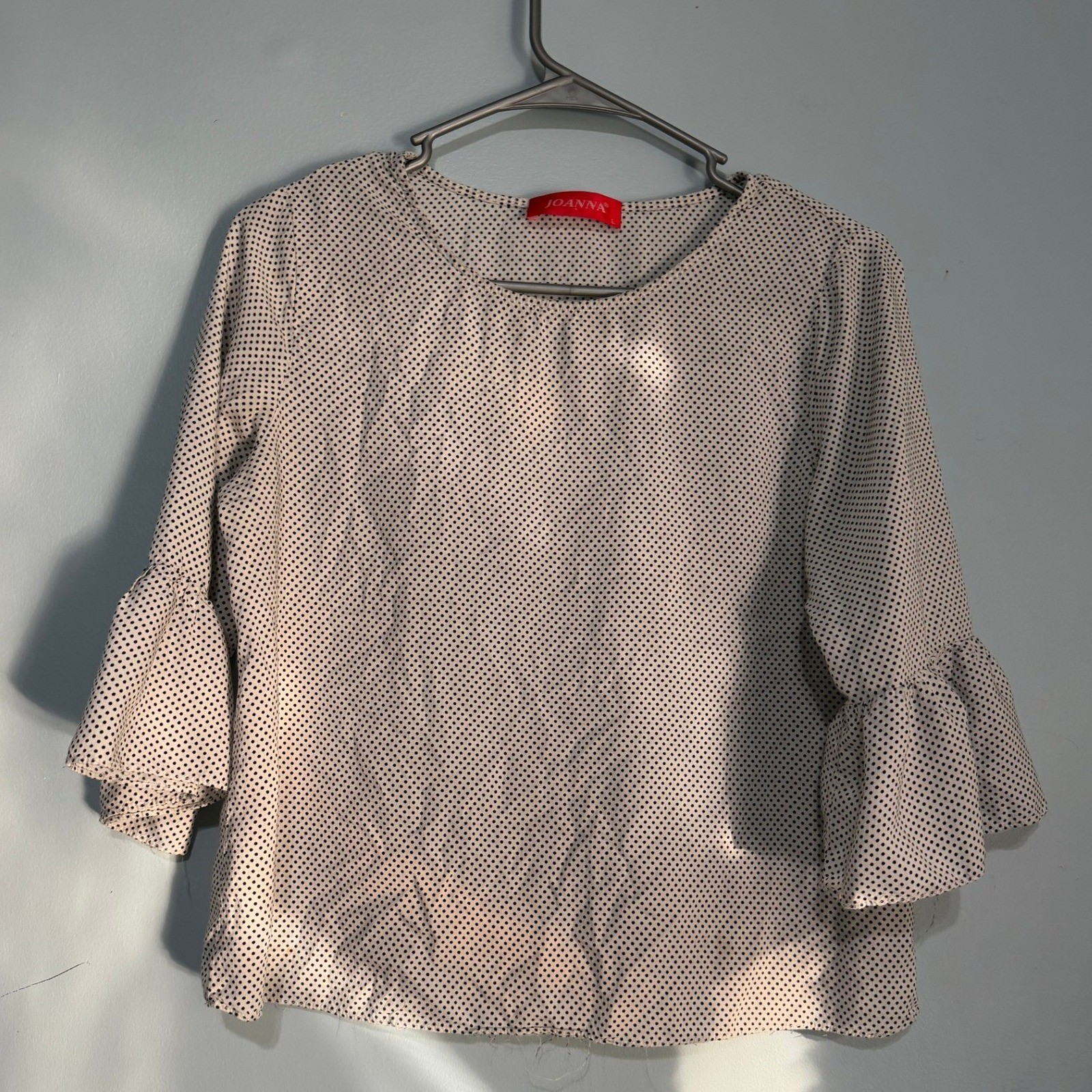 Joanna Polka Dot Ruffle Sleeve Blouse White Black Women’s Large Round Neck 1510