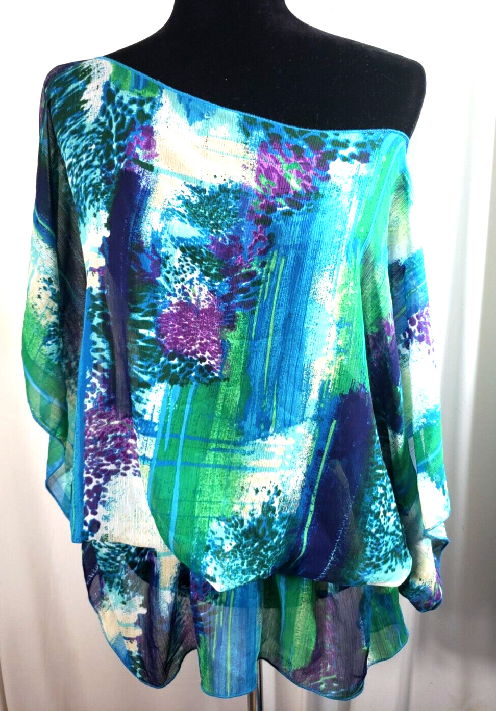 Plus size poncho style top/tunic, blue/green/purple, elastic at hip, 1X-2X