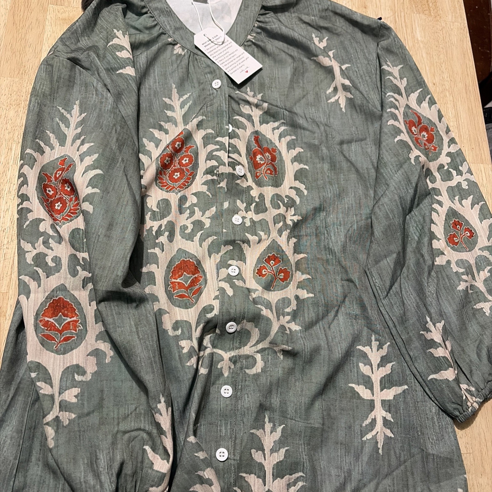 made with love Green Floral Recycled Tunic Blouse Button L