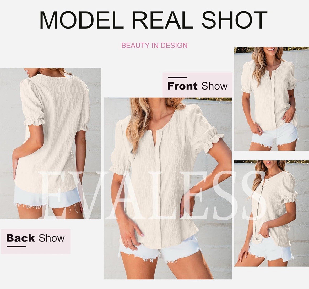 EVALESS Womens Medium Top Cute Puff Sleeve Blouse Front Placket Ivory Textured