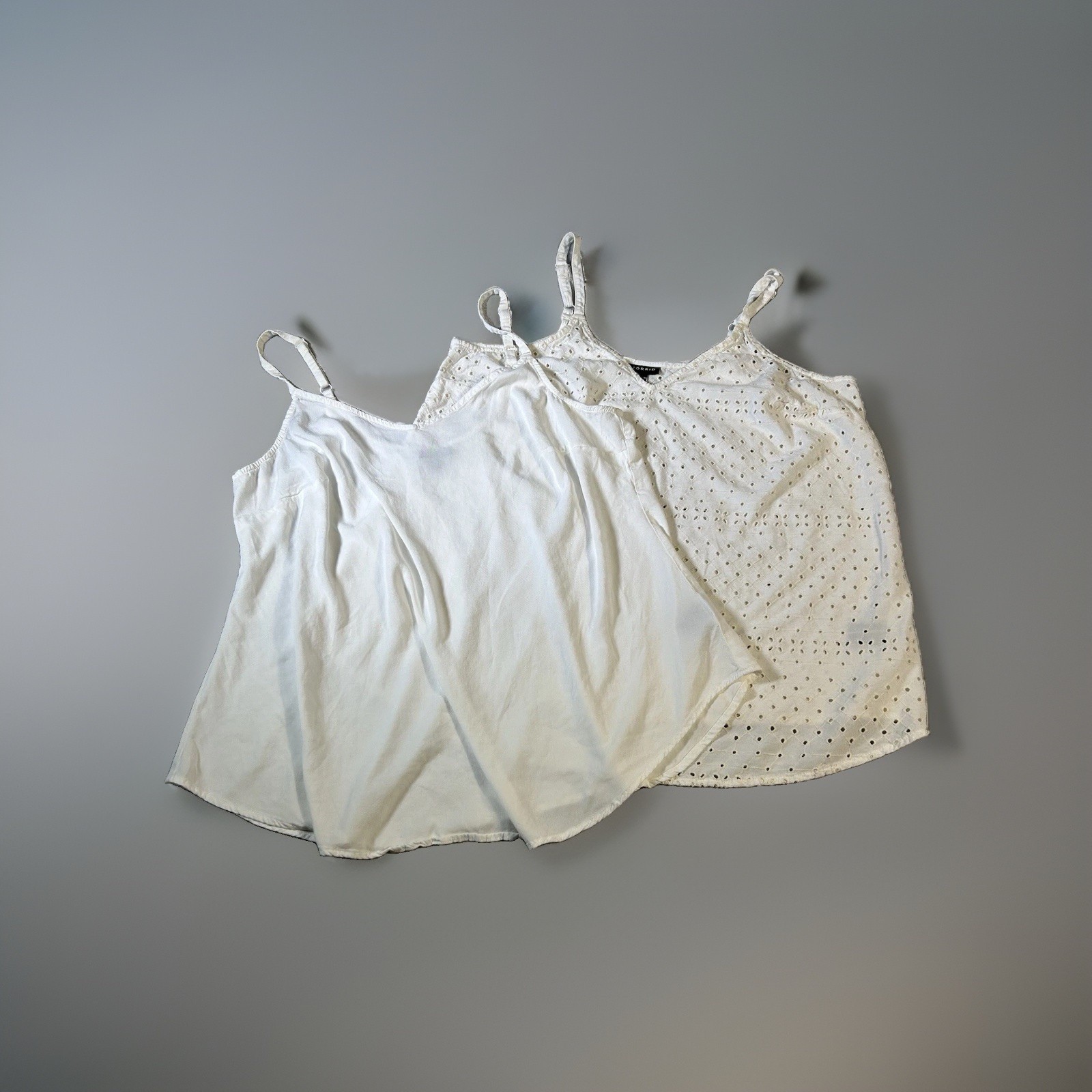 Torrid Two Camisole Tank Tops SzM/L (00/0) White Eyelet Chiffon Flowy Boho Basic