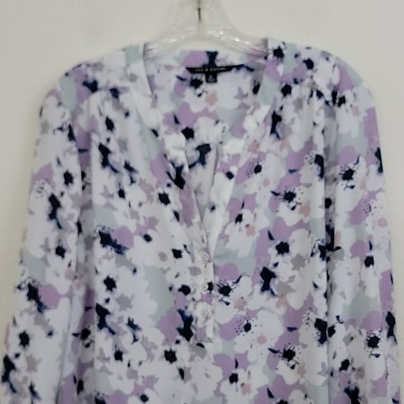 Zac & Rachel White, Purple, Blue & Gray Watercolor Print Tab Sleeve Top XL