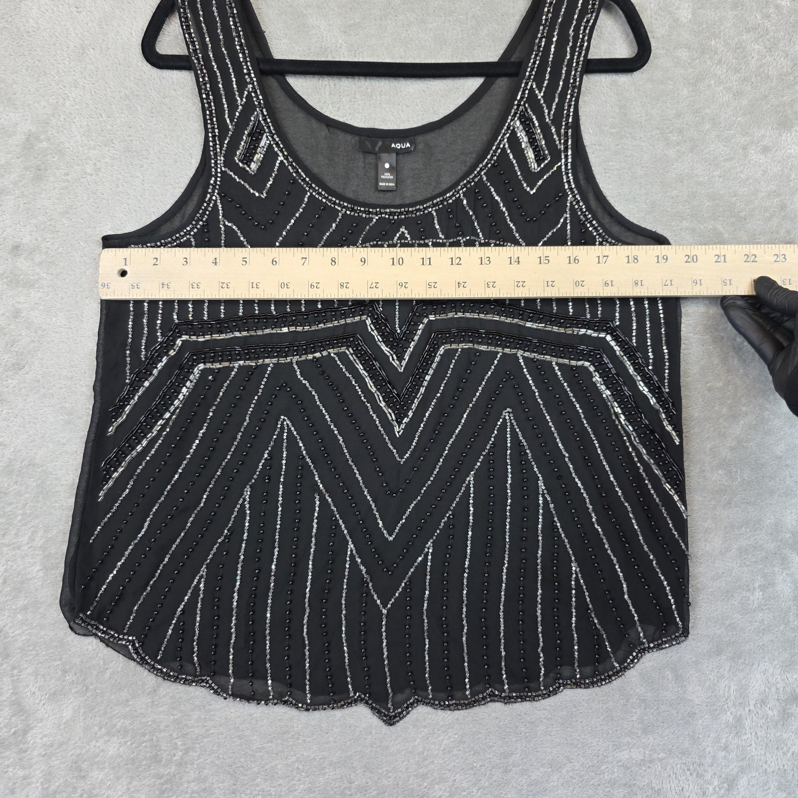 Aqua Tank Top Womens Large Black Beaded Geometric Sheer Chiffon Party Cami